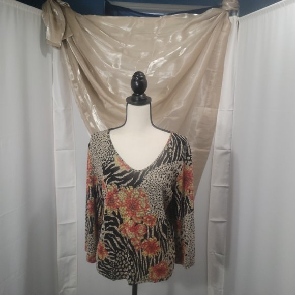 Coldwater blouse, size M, black, orange, tan, floral/animal print - Picture 2 of 4